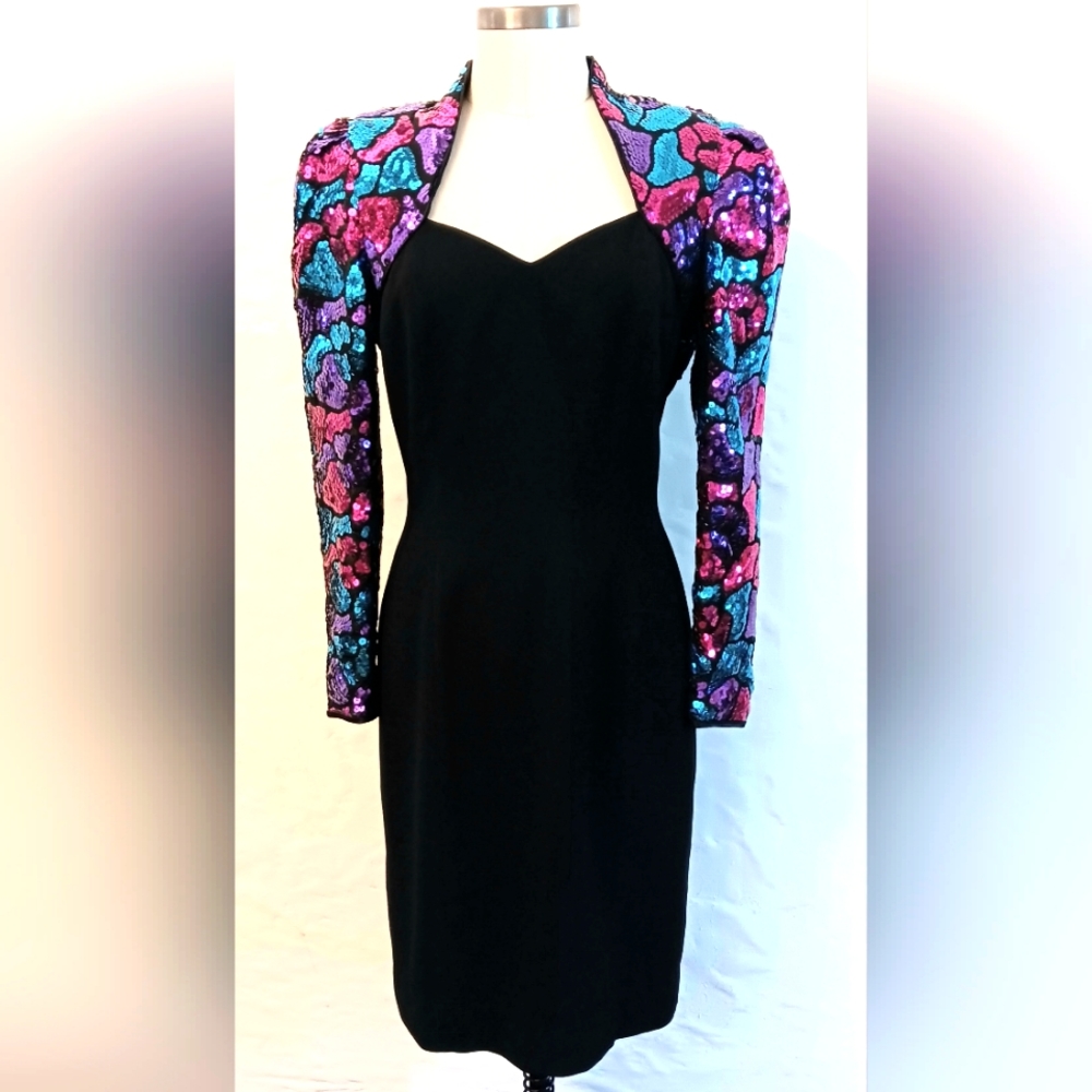 Vintage Lillie Rubin sequined midi dress w statement sleeves. Size 10.